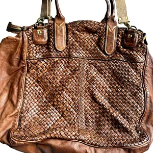 Bruno Magli Brown Woven Leather Duffle Satchel Travel Bag Made Italy Y2K thumbnail 6