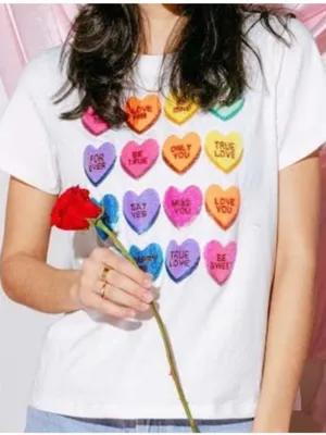 Queen Of Sparkles Conversation Hearts Sequin Short Sleeve Shirt Women’s Medium thumbnail 1