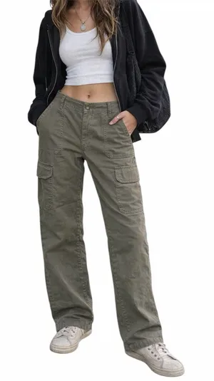 Zara Olive Green Cargo Pants Utility‎ Workwear Straight Leg Cotton Pockets Sz 8 thumbnail 1