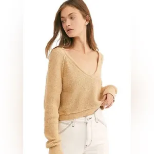 Free People V-Neck High Low Slouchy‎ Cropped Textured Knit Sweater Camel Size XS thumbnail 2