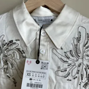 NWT Zara beaded long sleeved button down shirt floral cream satin‎ women's XS thumbnail 4