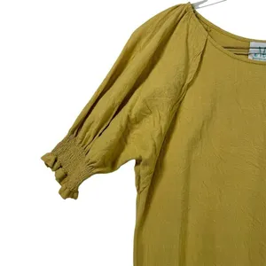 ShopTheMint Women M Yellow Boho Smocked Short Sleeve‎ Linen Blouse Fall Layering thumbnail 3