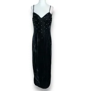 Vintage‎ Black Velvet Pearl Beaded Maxi Slip Dress 90s Formal Evening Size 10 thumbnail 15