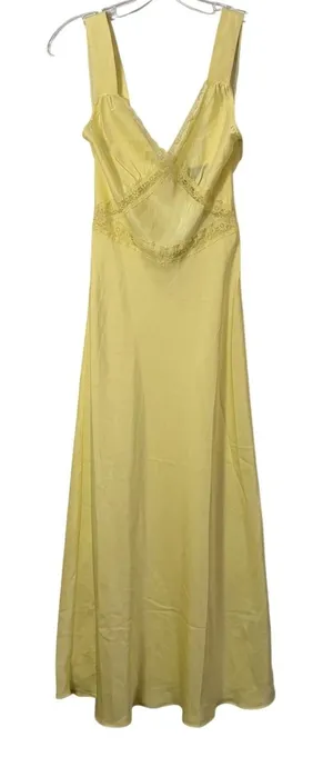 Bardot Dress Womens Small Yellow Satin Lace Slip Maxi V Neck Button Back NWT thumbnail 1