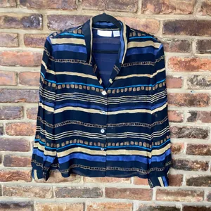 Dana Buchman Blue Brown Striped Silk Striped Button Down Shirt Women's Size 12P thumbnail 1