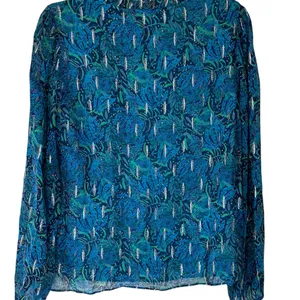 Lilly Pulitzer Blue Cat Print Blouse Long Sleeve‎ V Neck Lightweight Ruffle SZ S thumbnail 2