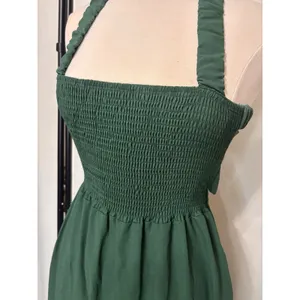 Womens Smocked Green Midi Dress Cottage Sundress Pockets Backless Straps Stretch thumbnail 6