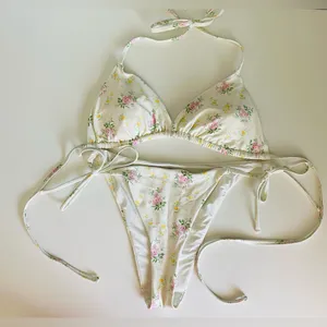 Aerie White Floral 2-Piece Swimsuit - Adjustable Tie-Side String Bikini thumbnail 2