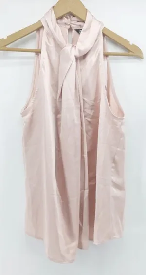 NWT Zara Light Pink Satin Like Front Knotted High Neck Sleeveless Blouse Size L thumbnail 1