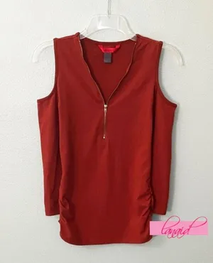 Hot Kiss Zipper V-Neck Open Cold Shoulder Faux Suede Terracotta Ruched Henley M thumbnail 1