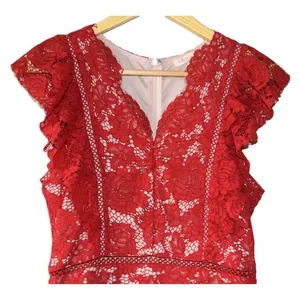 Lace Dress Women Small Red Excellent Flutter Sleeve Tiered Ruffle Mini thumbnail 2