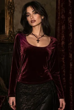 Vtg Gantos 90s Velvet Burgundy Long Sleeve Top Sz S Y2K Dark Romantic Holiday thumbnail 1