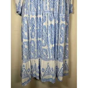 Vintage Ibiza Maxi Dress Blue White Block Print Tiered Resort Vacation Cotton M thumbnail 4