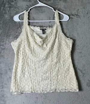 Vintage Y2K Lace Corset Cami Top Ivory Floral Sheer Coquette Fairy Grunge XL thumbnail 1