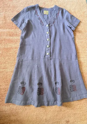 Vintage Blue Cactus Linen Dress Made USA Southwest Print Button Front thumbnail 2