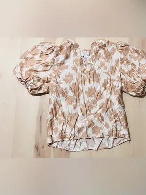 Cece Women Medium Neutral Breezy Puff Sleeve Floral Ditzy Boho Cottagecore Top thumbnail 5