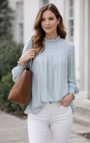 Entro Light Blue Smocked Blouse thumbnail 1