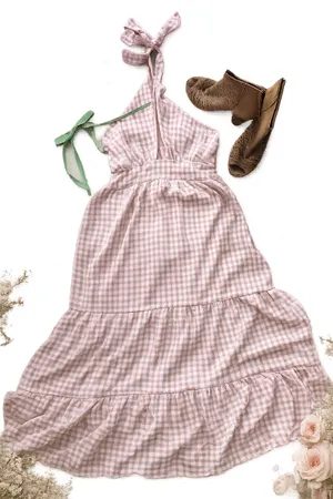 Ecowish Pink gingham halter dress thumbnail 1