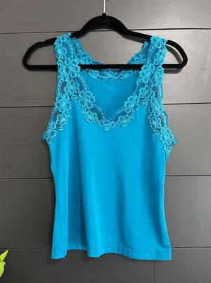 FREDERICK’S OF HOLLYWOOD Blue Silky Lace Trim Cami Tank Top Vintage Sz L EUC thumbnail 1