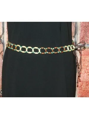 Boho Wood Beaded Tie Belt Green Brown Cream Adjustable Hippie Festival thumbnail 3