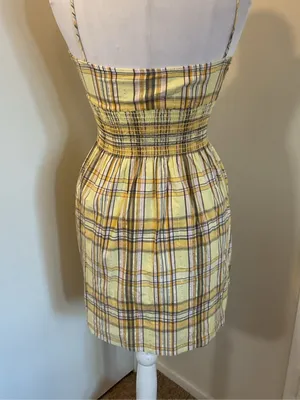Fabiola Yellow Plaid Sundress Small Smocked Waist V-Neck Cotton Blend Summer thumbnail 5