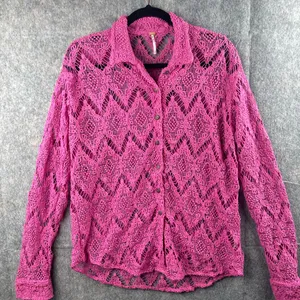FREE PEOPLE Women’s Size Medium Until Sundown Shirt Cover-Up Boho Pink Crochet‎ thumbnail 1