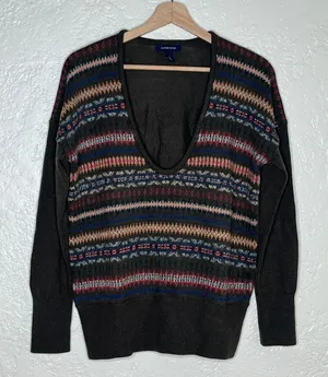 Lands'‎ End Women' Merino Wool V-Neck Long Sleeve Brown Fair Isle Sweater Small thumbnail 1