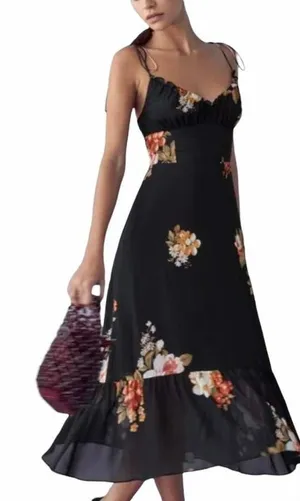Reformation Dress Womens 12 Black Floral Juliette Tie Strap Ruffle Midi‎ Viscose thumbnail 1