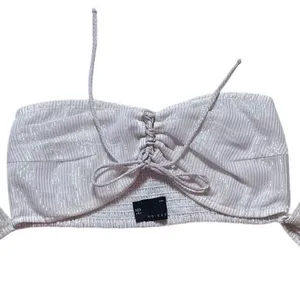 ASOS Puff Sleeve Metallic Striped Crop Top Stretch Bra Top Size 2 Cream Gold thumbnail 4