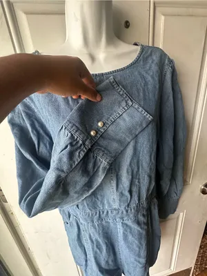 Something Navy Chambray Denim Romper Long Sleeve Puff Sleeve Size XL thumbnail 6