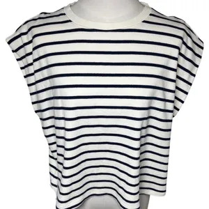 Nautical Stripe Cap Sleeve Top Cotton Blend Blue White Marled Essentials‎ L thumbnail 1
