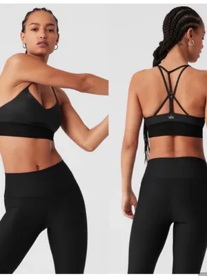 ALO Yoga Glossy Strappy Sports Bra - Black xs mesh bottom thumbnail 2