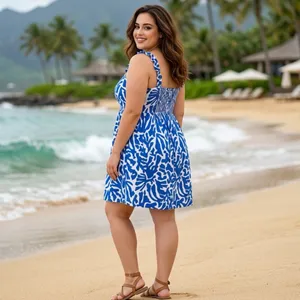 H&M Babydoll Midi Dress Womens XL Smocked Beachy Coastal Nautical Travel Island thumbnail 5