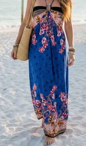 NWT La La Muse Blue Black Floral Strapless Halter Maxi Dress Size XL Boho Chic thumbnail 1