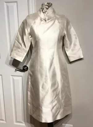Silk Satin Vintage Ivory A-line Midi Shirt Dress 3/4 sleeves Tunic Mock iridescent M thumbnail 1