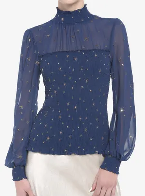 NWT Her Universe Blue & Gold Star Mockneck Top Sz L thumbnail 1