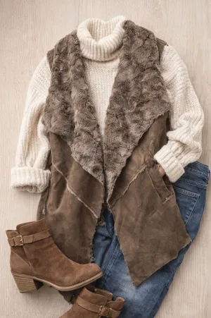 Altar'd State Boho Faux Fur Shearling Vest Brown Cozy Western Layering Jacket Size M thumbnail 1