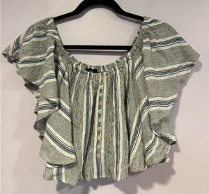 Grey white‎ and blue Angie stripe flowy button shirt thumbnail 1