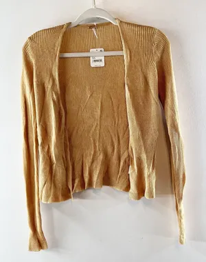 Free People Open Lightweight Knit Cardigan Sweater Metallic Gold Tan XS thumbnail 1