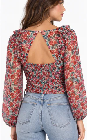 Free People Red Floral Square-Neck Ruffle Blouse size XS thumbnail 2