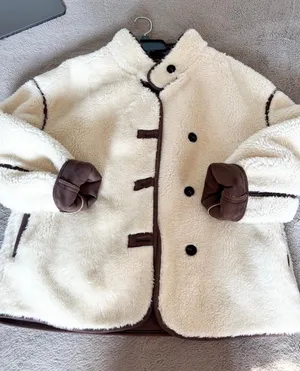 Cream Sherpa Jacket with Brown Trim White thumbnail 1