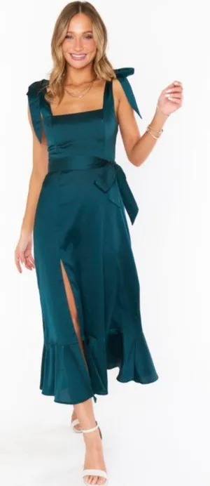 Show Me Your Mumu New Deep Emerald Luxe Satin Claire Midi Dress Large thumbnail 1