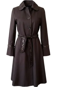 Zara Women 100% Cotton Trench Coat L Brown Sequin Belt Ruffle Collar Classic thumbnail 1