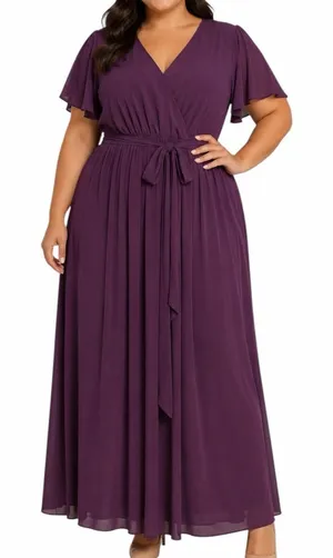 Baltic Born Maxi Dress 3XL Wrap V Neck Flutter Sleeve Belted Plum Purple Gown thumbnail 1