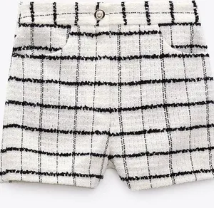 Zara Tweed White and Black Windowpane High-Waist Shorts thumbnail 1