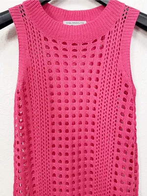 Miss Sparkling Hot Pink Crochet Open Knit Maxi Dress Swim Cover Up thumbnail 3