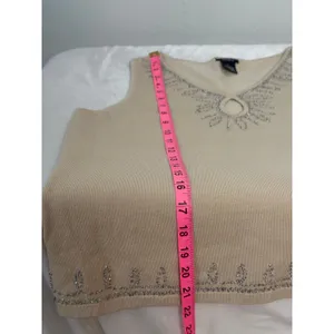 Vintage Silk Keyhole Stretch Knit Rhinestone Y2K Tank Top Beige Silver Boho Chic thumbnail 9