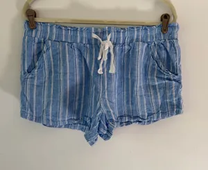 High-Waist Light Blue Striped Drawstring linen blend Shorts thumbnail 1