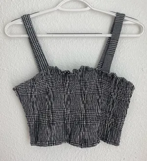 black and white plaid smocked ruched crop top size L thumbnail 1