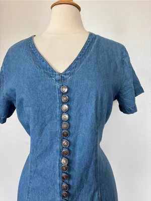 Vintage 80s Western V-Neck Faux Button-Front Light Blue Denim Midi Dress thumbnail 2